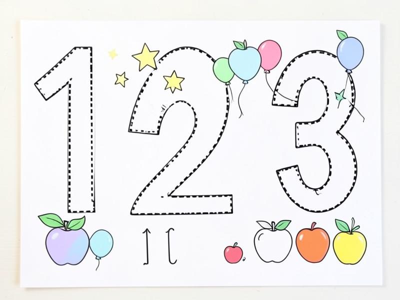 Number practice worksheet with dotted numbers 1, 2, 3 and counting objects