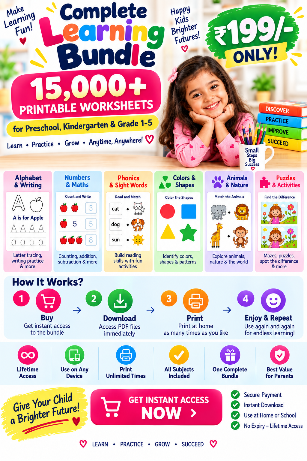 Complete Learning Bundle cover showing children doing printable worksheets