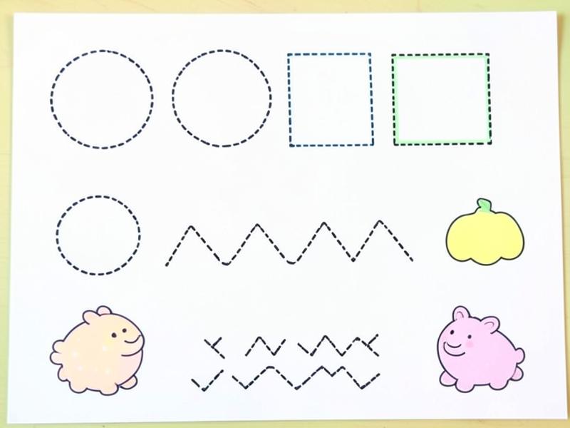 Tracing worksheet with dotted shapes, zigzags and patterns for fine motor skills