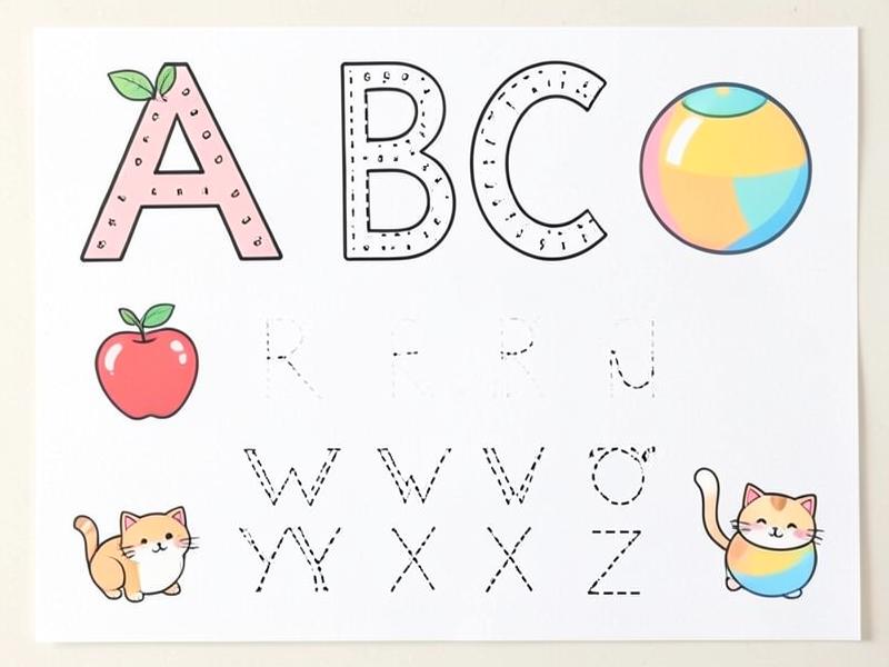 Alphabet tracing worksheet with dotted letters A, B, C and cute illustrations